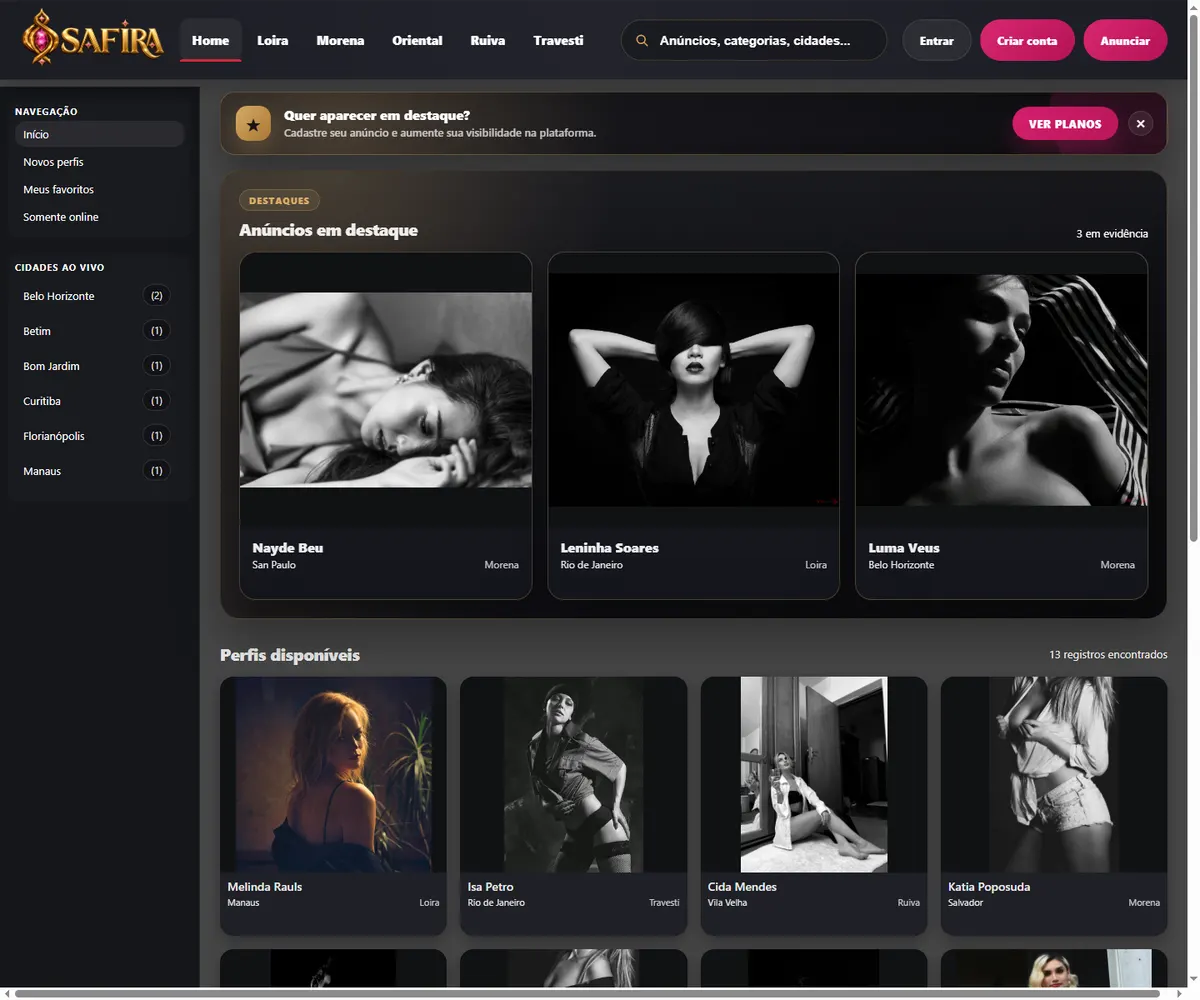 SAFIRA escort listing website homepage demo