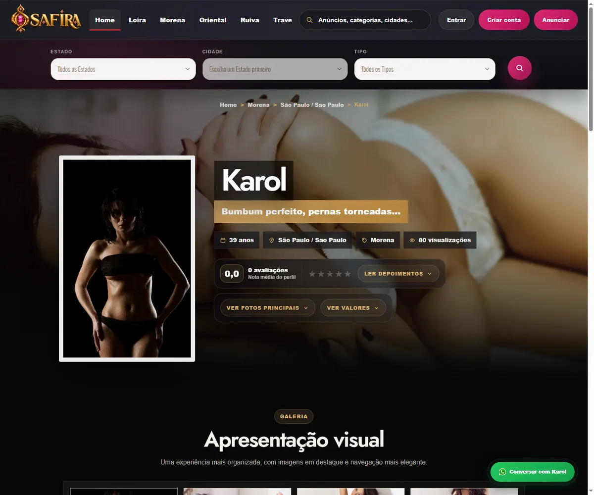 SAFIRA escort listing profile page demo