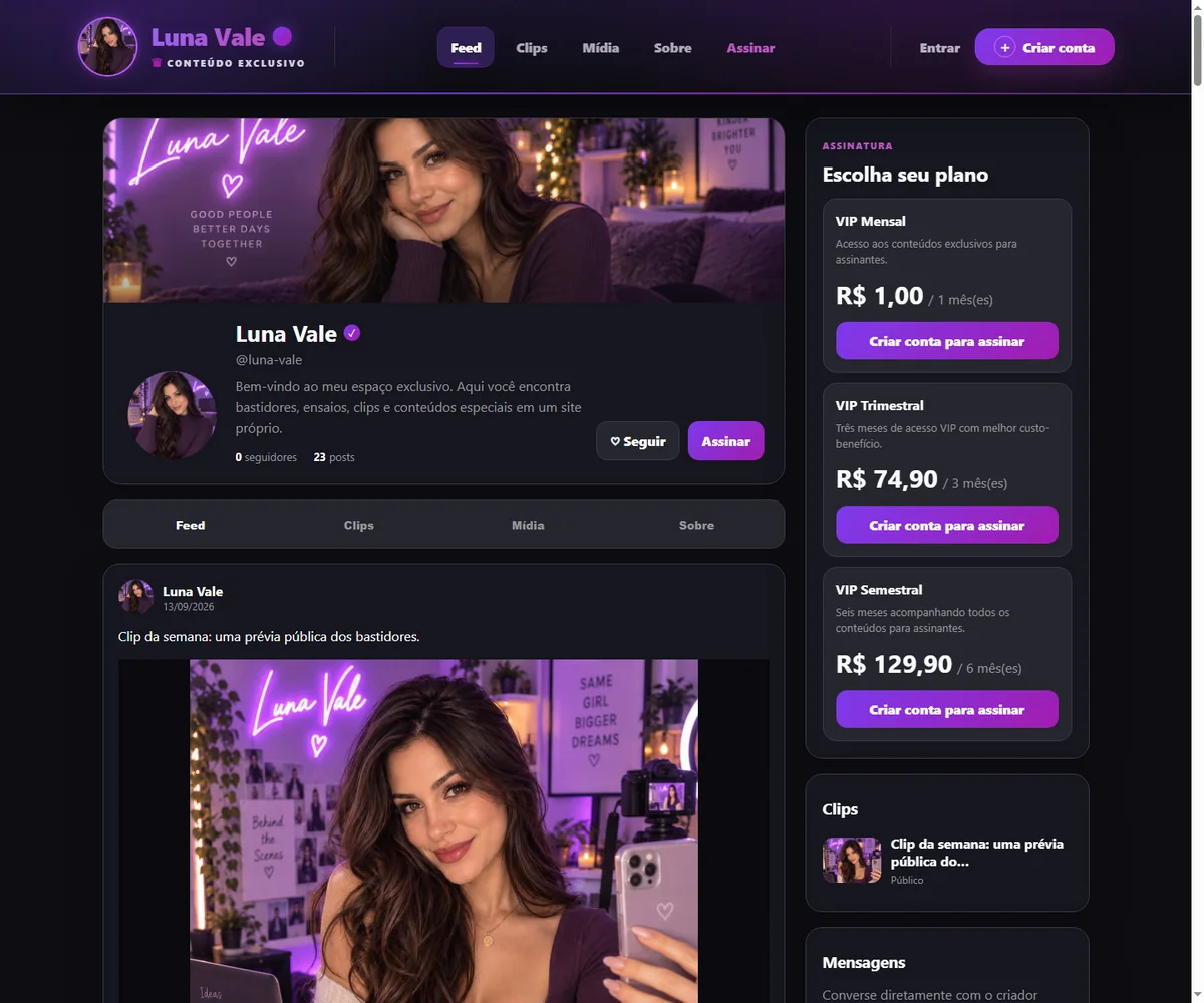 VIPSOLO public creator page in the current demo